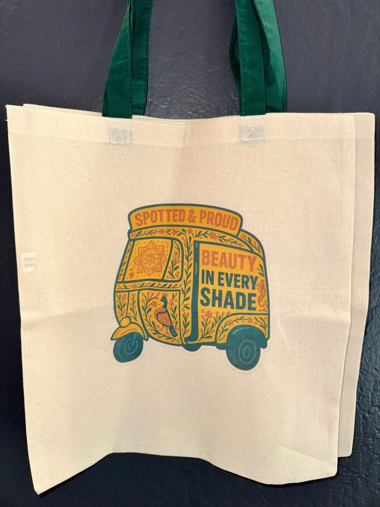 Limited Release: Vitiligo Rickshaw Tote Bag (Green handle) - Spotted Chai