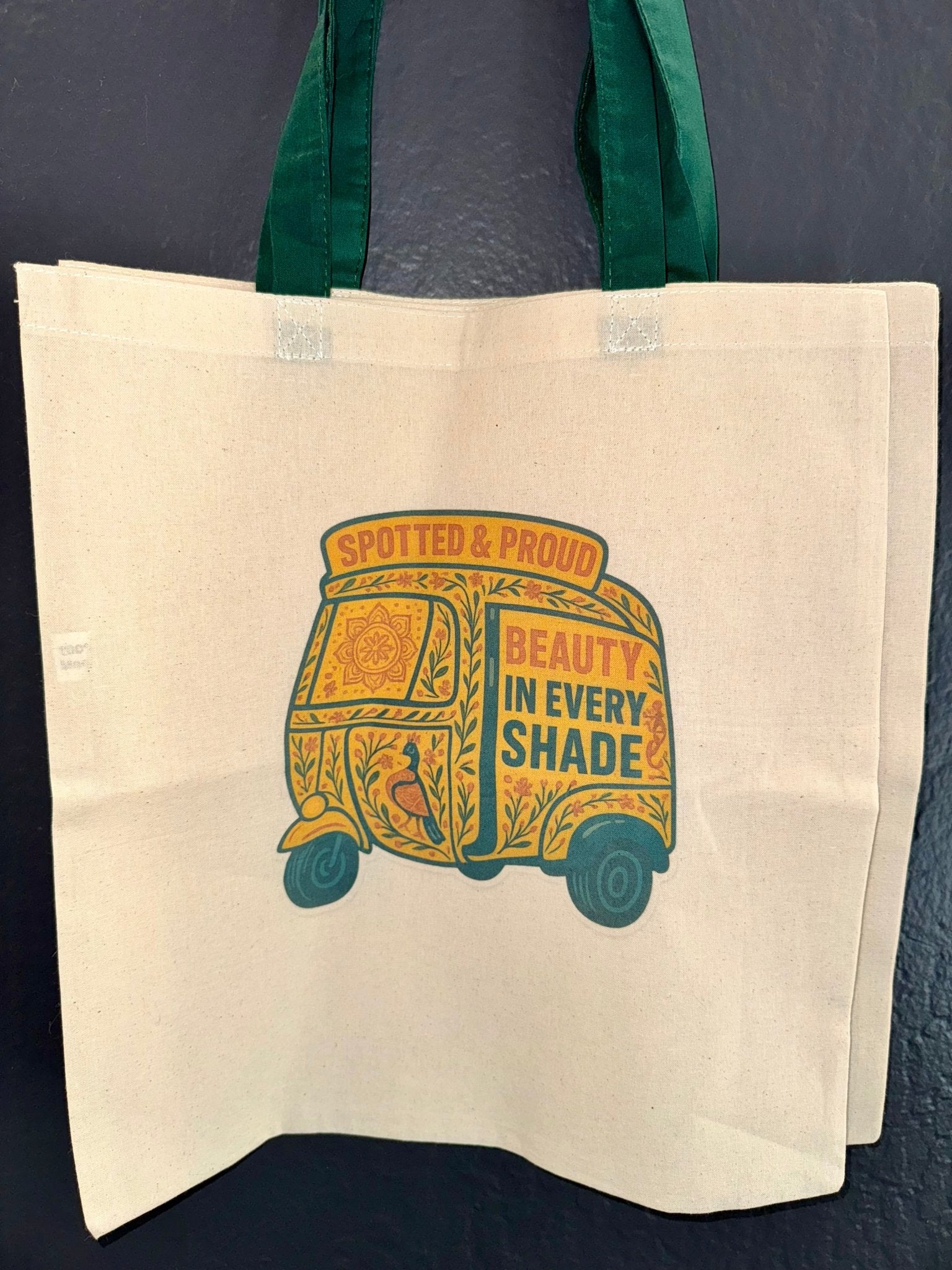 Limited Release: Vitiligo Rickshaw Tote Bag (Green handle) - Spotted Chai