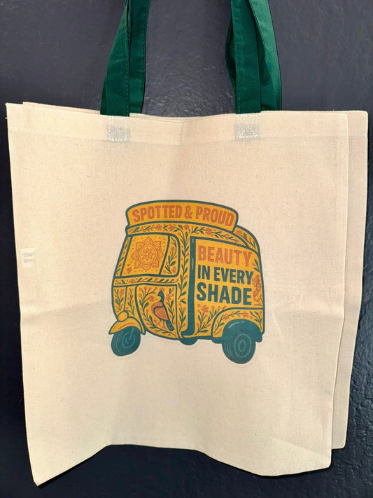 Limited Release: Vitiligo Rickshaw Tote Bag (Green handle) - Spotted Chai