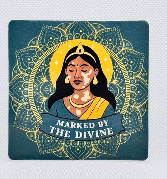 Marked By the Divine - Vinyl Sticker - Spotted Chai vitiligo awareness sticker
	•	Desi body positivity
	•	empowering sticker for women
	•	chai-themed self-love sticker