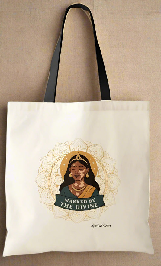 Marked by the Divine - Tote bag - Spotted Chai vitiligo awareness sticker
	•	Desi body positivity
	•	empowering sticker for women
	•	chai-themed self-love sticker